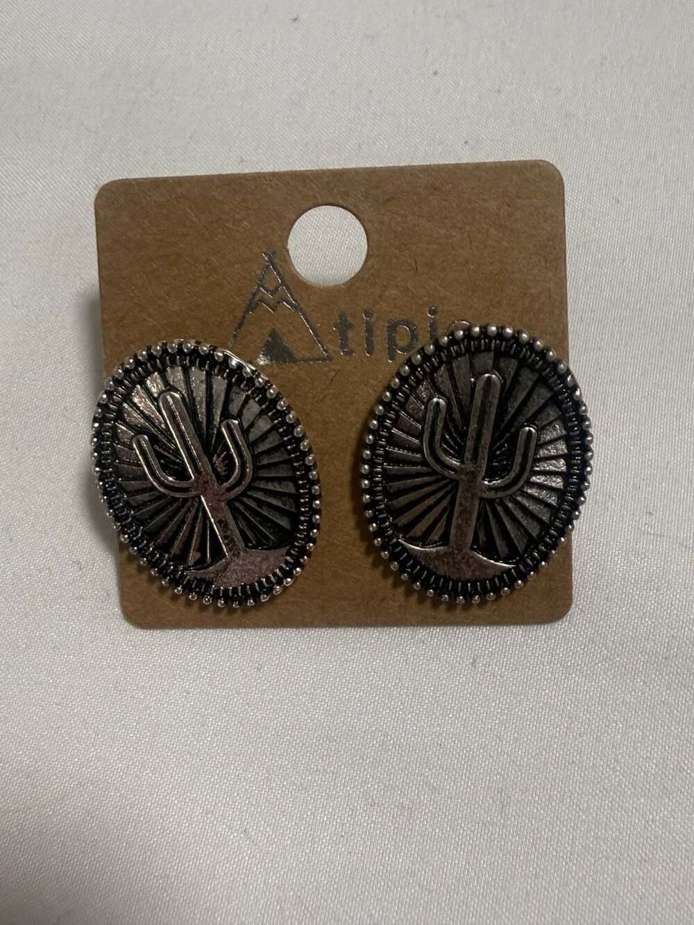 Tipi Silver Tone Saguaro Cactus Sunburst Oval Stud Earrings